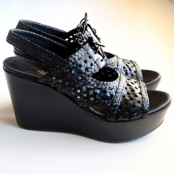 Stephane Kelian Black Leather Platform Wedge Heel Lace Up Sandals / Summer Shoes - Picture 3 of 16